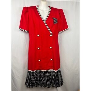 Vintage 1980s Richard Warren Red Silk Nautical Dress – Polka Dot Hem (Size 8)